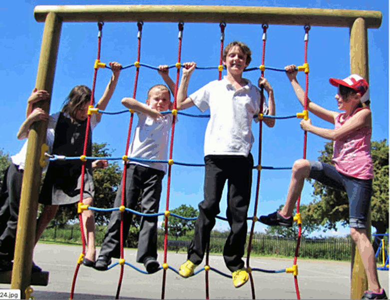 children playing on a playground climbing net